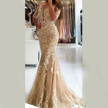 Half-sleeve Lace Appliques Mermaid Sexy Long Prom Dress, PD3083