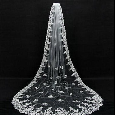 Gorgeous Tulle Long Wedding Veil With Lace Appliques,WV0129