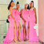 Hot Pink One-shoulder Side-slit Mermaid Long Bridesmaid Dresses, BD3176