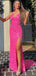 Hot Pink Sexy Halter Open Back Side-slit Mermaid Long Prom Dress, PD3545