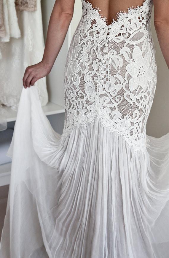 Mermaid Lace Unique Design Elegant  Flowy Keyhole Back Wedding Dresses,  WD0229