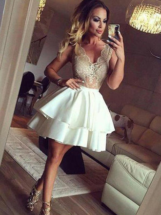 Sexy See Through Lace V Neck Short Cheap Homecoming Dresses Online, CM571