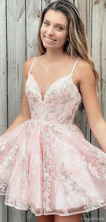 Lace Spaghetti Strap Pink Blue V-neck A-line Short Homecoming Dress, HD3033