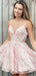 Lace Spaghetti Strap Pink Blue V-neck A-line Short Homecoming Dress, HD3033