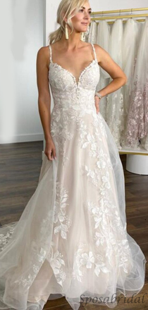 Lace Spaghetti Strap Sweetheart A-line Ivory Tulle Lace Long Wedding Dress, WD3034