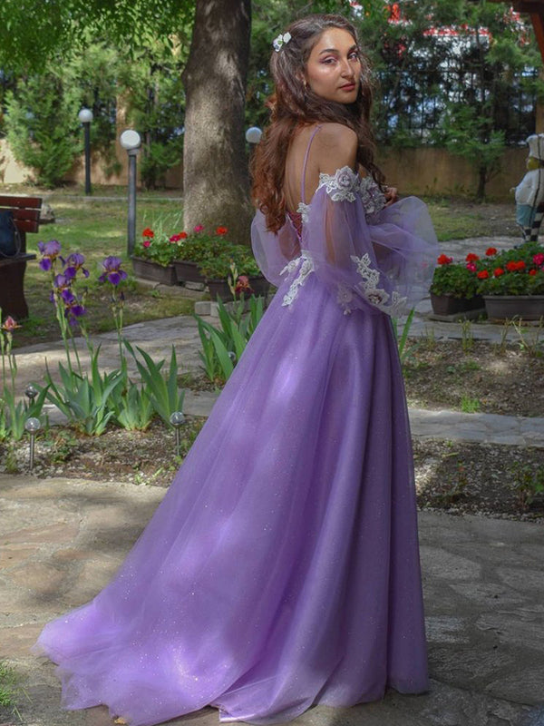 Lilac Floral Corset Top Off-shoulder Long Sleeves Side-slit A-line Long Prom Dress, PD3211