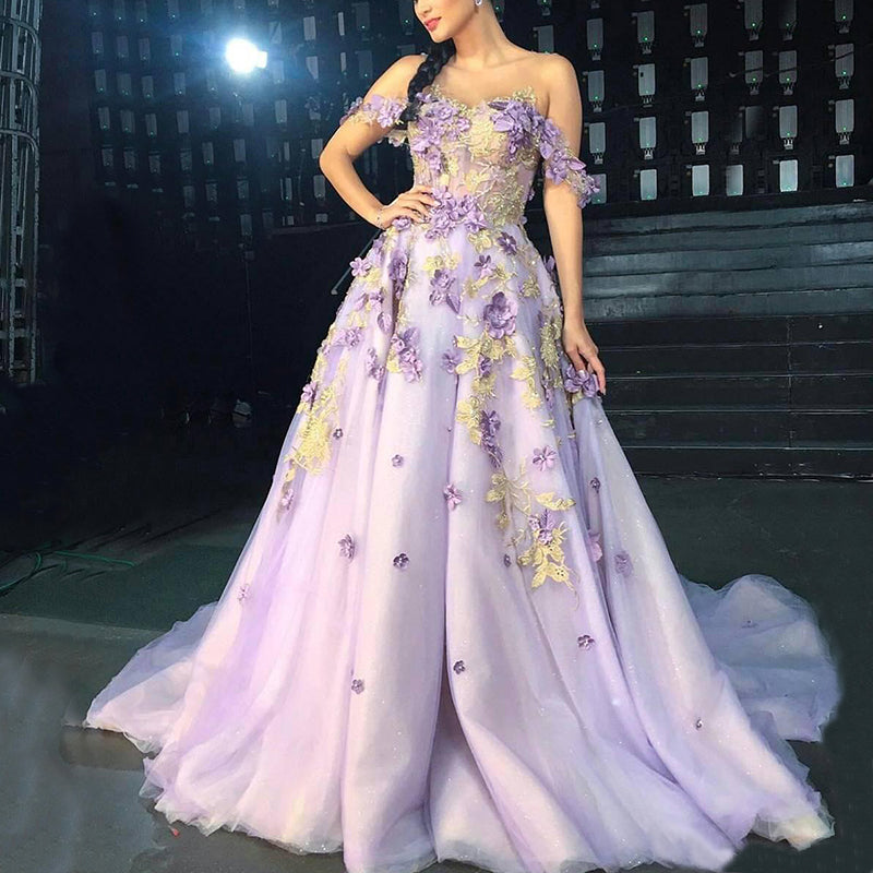 Lilac Off-shoulder Floral Dream A-line Long With Glitters Prom Dress, PD3368