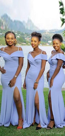 Lilac Purple Spaghetti Strap Off-shoulder V-neck Mermaid Long Bridesmaid Dress, BD3081