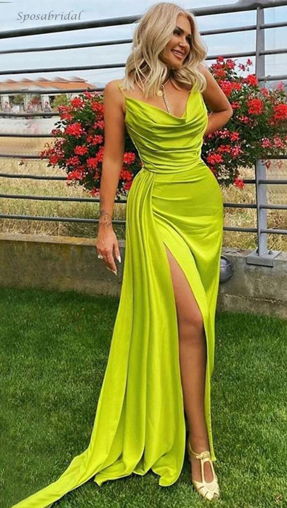 Lime Green Spaghetti Straps Mermaid Side-slirt Long Train Pleats Prom Dress, PD3342
