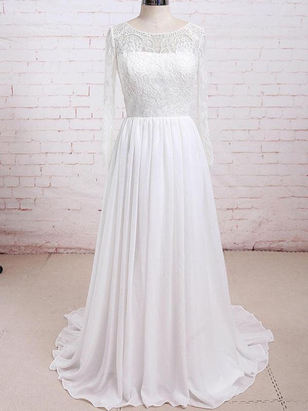 Long Sleeves Lace See Through Cheap Beach Wedding Dresses Online, WD380