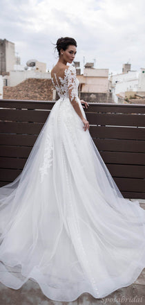 Luxury V-neck Lace Illusion A-line Detachable Long Wedding Dress, WD3038
