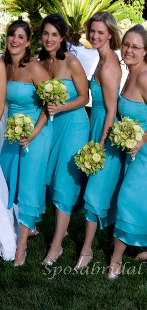 Malibu Blue Straight Across Chiffon Cozy Beach Wedding Tea-length Midi Bridesmaid Dress, BD3050