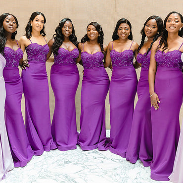 Mismatched Purple Lilac Spaghetti Straps Lace Top Mermaid Long Bridesmaid Dresses, BD3234