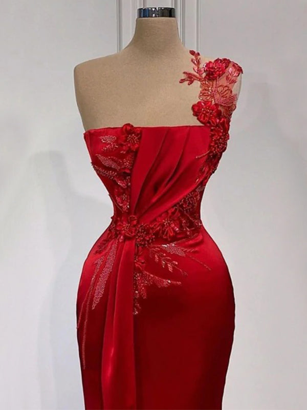 Modest Luxury Scarlett Red One-shoulder Appliques Mermaid Long Prom Dress, PD3521