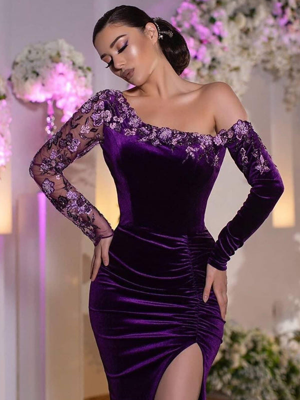 Violet Purple Elegant Velvet One-shoulder Lace Side-slit Mermaid Long Bridesmaid Dress, PD3222