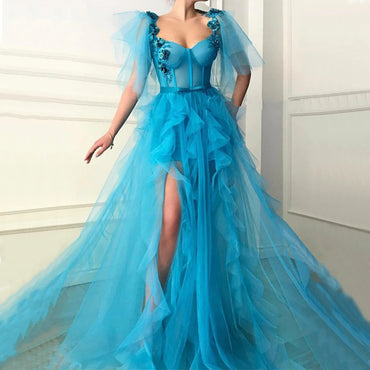 Ocean Blue Sweetheart Ruffle Side-slit A-line Long Tulle Prom Dress Gown, PD3343