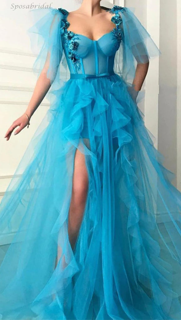 Ocean Blue Sweetheart Ruffle Side-slit A-line Long Tulle Prom Dress Gown, PD3343