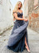 Off-shoulder Steel Grey Sweetheart Lace Side-slit A-line Long Prom Dress, PD3360