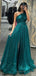 One-shoulder Sparkly Teal Green A-line Long Prom Dresses, PD3462