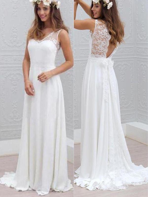 Sexy V Neck Lace Top Open Back Long Cheap Wedding Dresses, WD331
