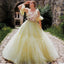 Pale Yellow Short Ruffle Sleeves Floral Top A-line Tulle Long Porm Dress, PD3293