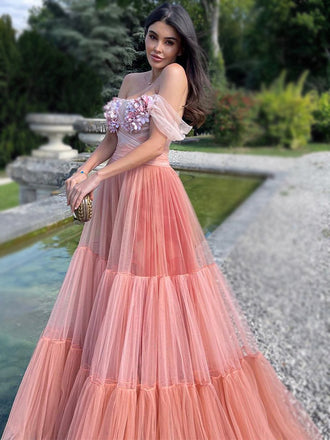 Gradient Coral Pink Off-shoulder Floral Lace Top A-line Long Princess Prom Dress, PD3396