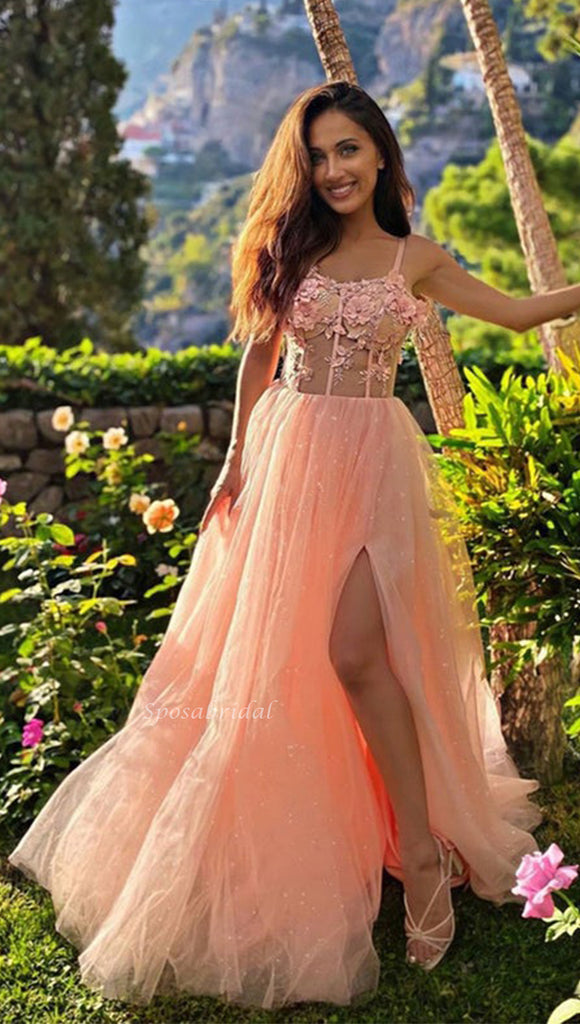 Pearl Pink Spaghetti Straps Floral Top Side-slit A-line Long Prom Dress, PD3377