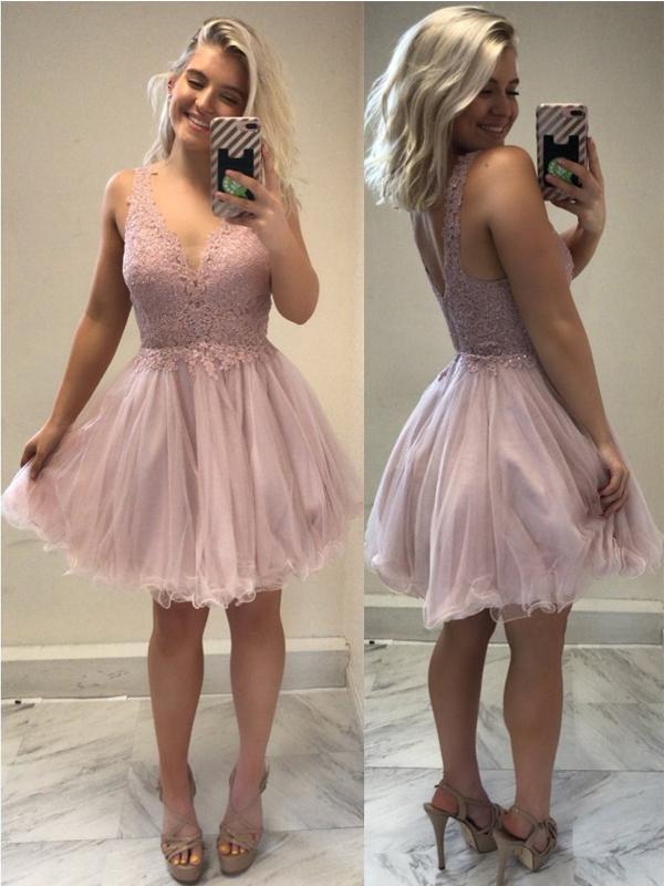 Sexy Backless Pale Pink V Neck Short Cheap Homecoming Dresses Online, CM582