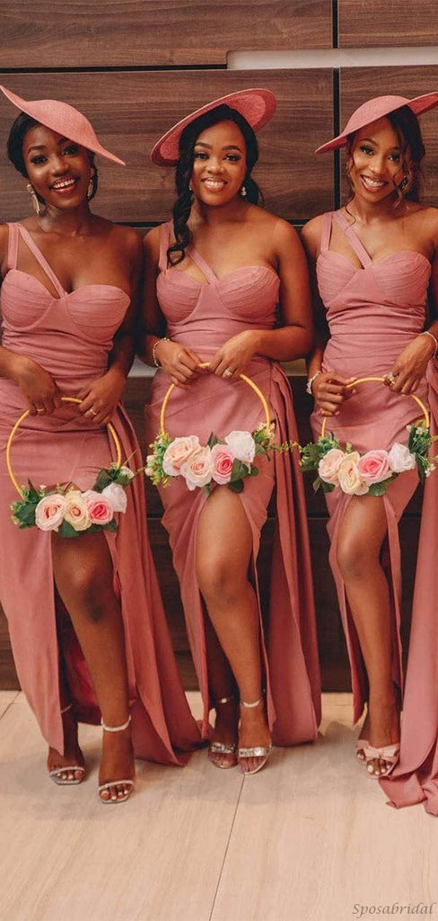 Pink Mismatched Spaghetti Strap Sweetheart Side-slit Mermaid Bridesmaid Dress, BD3169