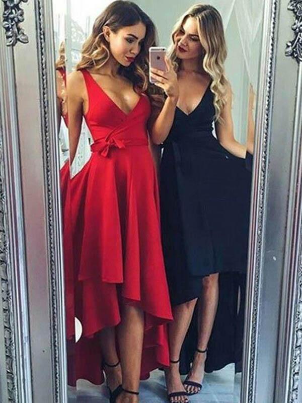 High Low V Neck Simple Cute Red Homecoming Dresses 2018, CM560
