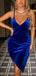 Royal Blue Sexy Velvet V-neck Spaghetti Strap Asymetric Short Prom Party Dress, PD3185