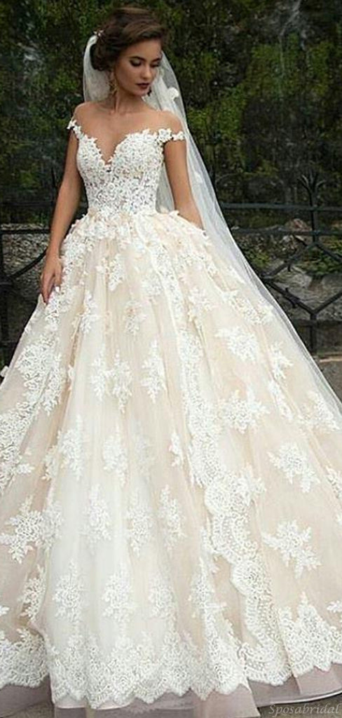 Luxury Vintage Lace Sweetheart Off-shoulder A-line Tulle Wedding Dress, WD3031