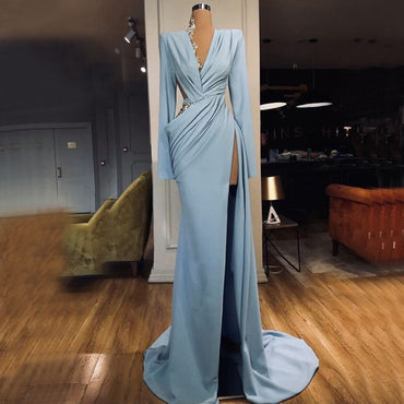 Charming Dusty Blue Long Sleeves V-Neck Mermaid Prom Dresses PD2362