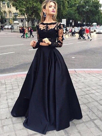 Black Illusion Lace Long Sleeve Elegant Two-piece A-line Prom Dresses, PD0045