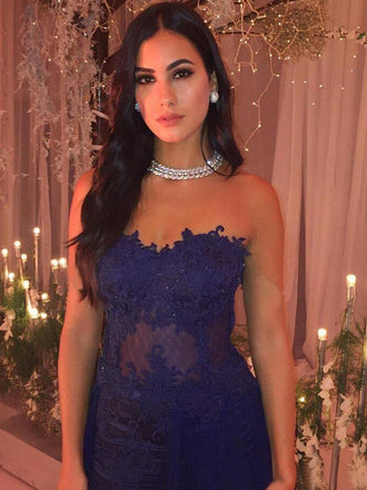 Sweetheart Mermaid Side-slit Lace and Tulle Dark Purple Prom Dresses, PD0677