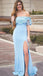 Sexy Baby Blue Off-shoulder Lace Top Side-slit Sheath Long Prom Dress, PD3431