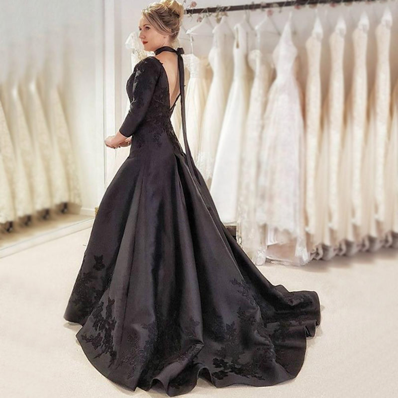 Sexy Black Gothic V-neck Open Back Low-waist A-line Lace Long Prom Dress, PD3289