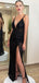 Sexy Black Shiny V-neck Spaghetti Strap Open Back Side-slit Long Prom Dress, PD3216