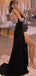 Sexy Black V-neck Open Back Double Side-slit Long Prom Dress, PD3195