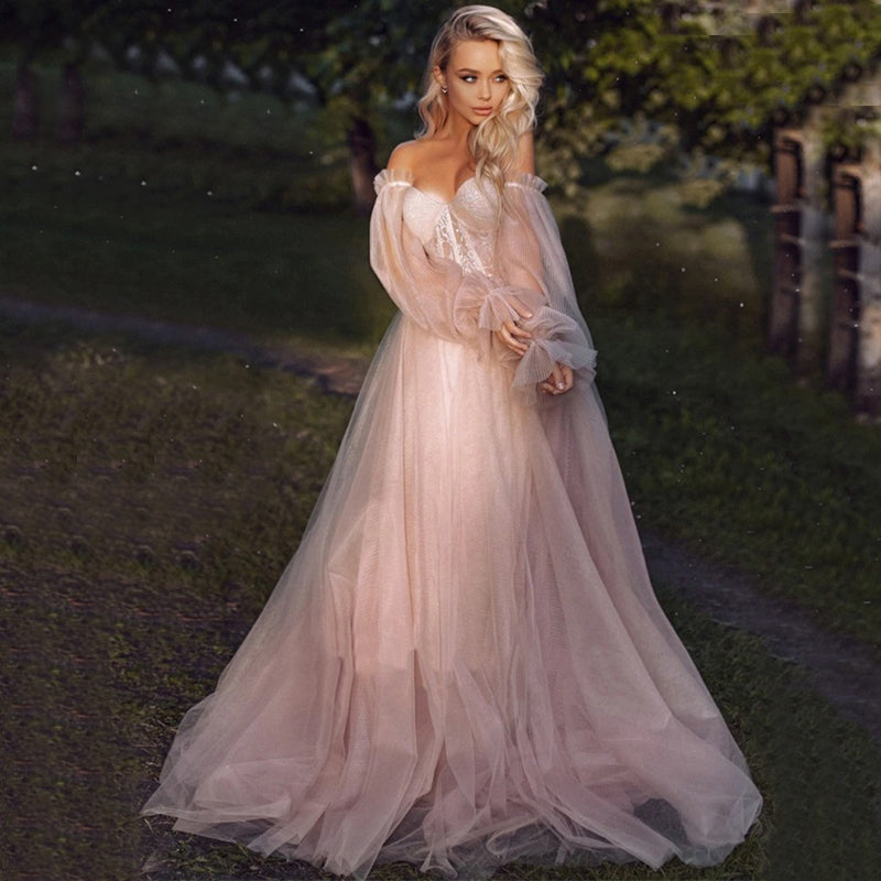 Sexy Blush Pink Off-shoulder Sweetheart A-line Lace Top Long Prom Dress, PD3351