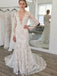 Sexy Boho Illusion Long Sleeve Lace Mermaid V-neck Long Wedding Dress, WD3042