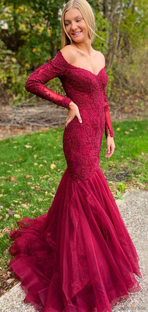 Sexy Burgundy Long Sleeves Off-shoulder Lace Mermaid Tulle Trumpet Prom Dress, PD3218