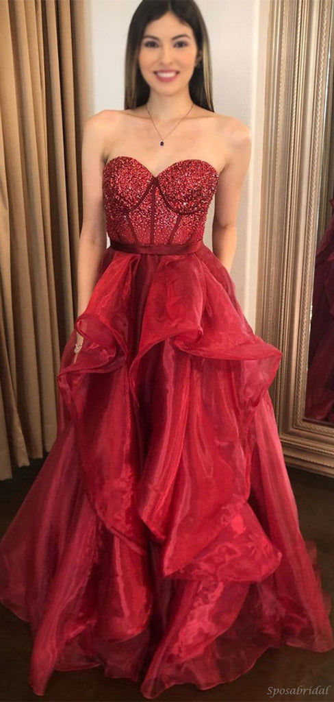 Sexy Burgundy Strapless Sweetheart Sparkling Top A-line Long Prom Dress, PD3264