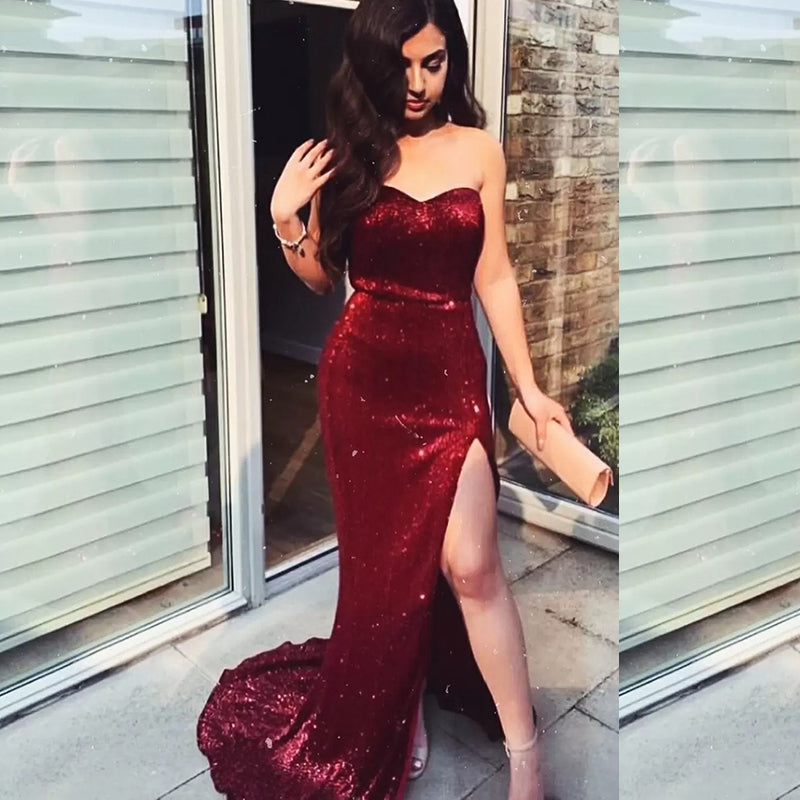 Sexy Burgundy Strapless Sweetheart Sparkly Side-slit Long Mermaid Prom Dress, PD3373