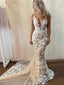 Sexy Champagne White Lace V-neck Open-back Long Tail Mermaid Wedding Dress, WD3065
