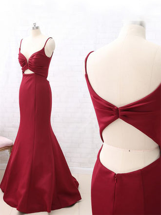 Sexy Dark Red Spaghetti Straps V-neck Mermaid Open Back Long Bridesmaid Dress, BD3254