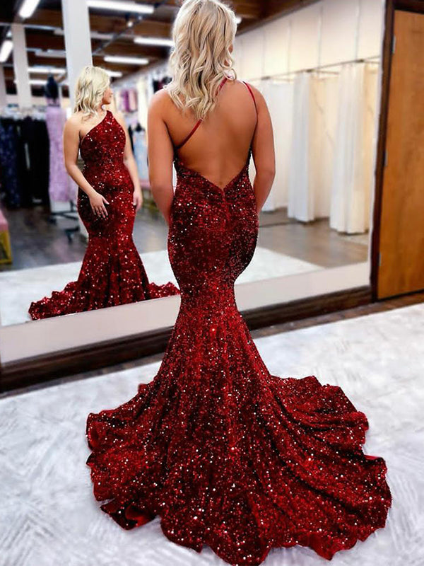 Sexy Dark Red Sparkly Open Back One-shoulder Mermaid Long Prom Dresses, PD3463