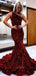 Sexy Dark Red Sparkly Open Back One-shoulder Mermaid Long Prom Dresses, PD3463