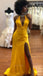 Sexy Gold Yellow Halter Hollow V-neck Side-slit Mermaid Long Prom Dress, PD3445