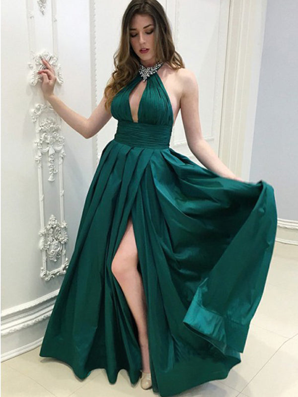 Sexy Halter Emerald Green Open Back A-line Side-slit Long Prom Dress, PD3268